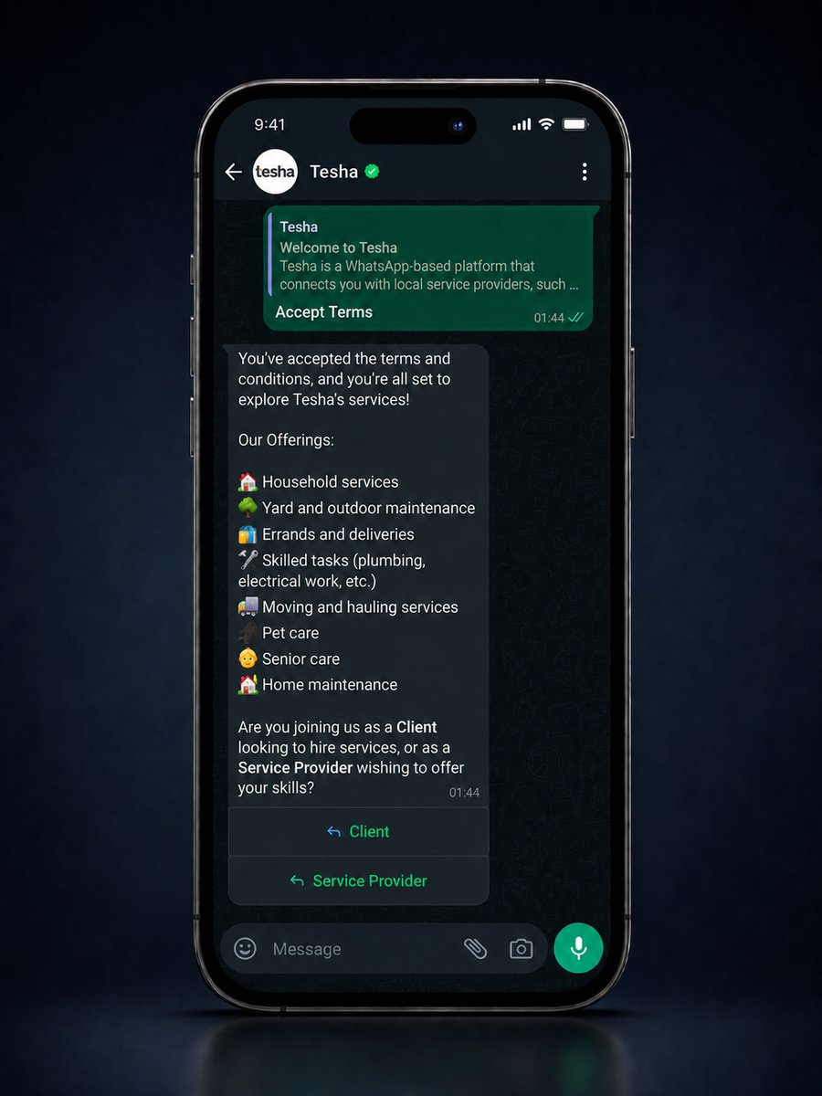 WhatsApp chat: Tesha lists its service categories and asks whether you're a Client or a Service Provider