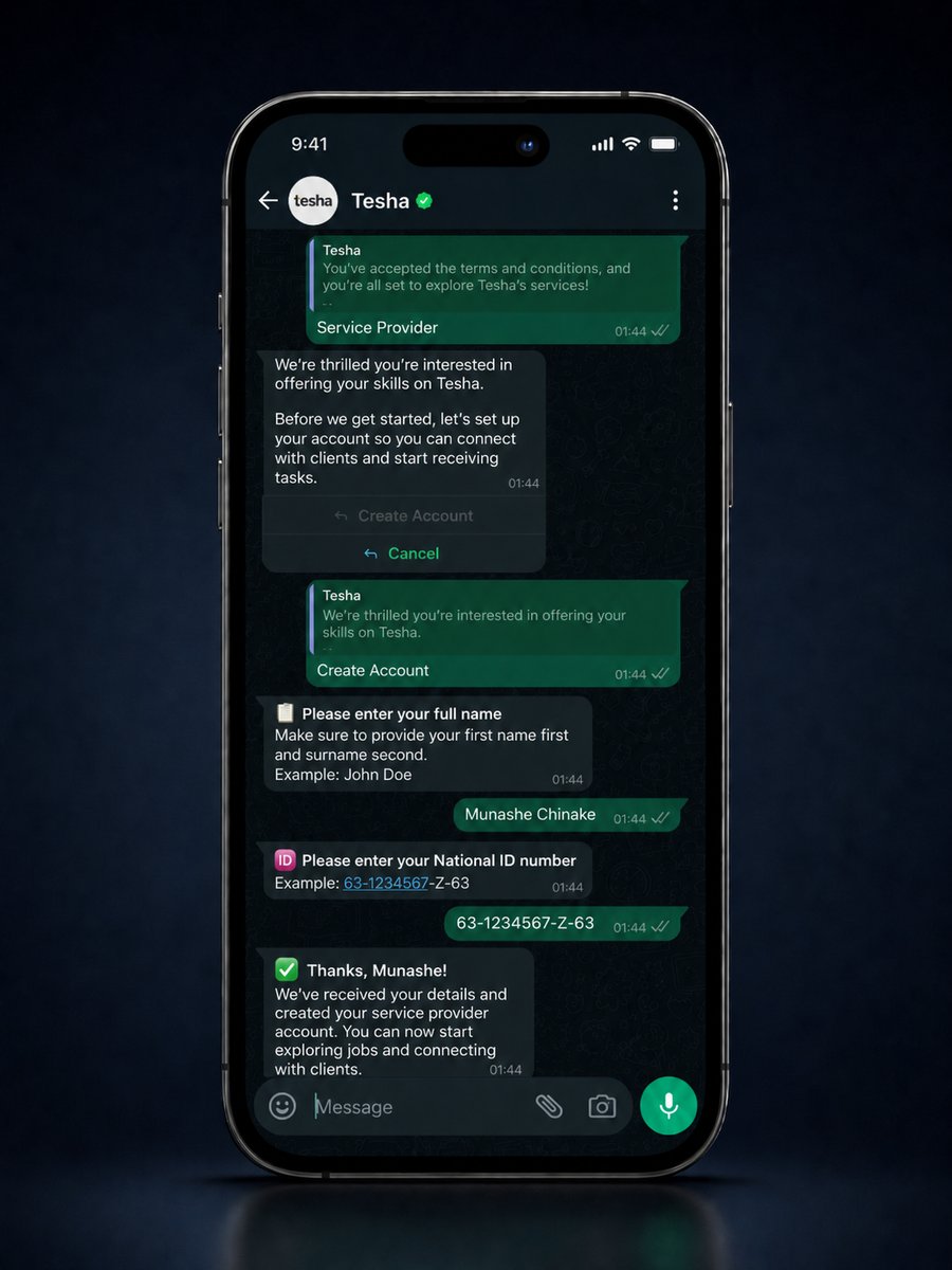 WhatsApp chat: creating a service provider account by entering a full name and national ID number