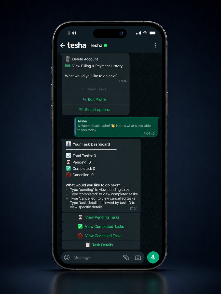 WhatsApp chat: Tesha's task dashboard with buttons to view pending, completed and cancelled tasks
